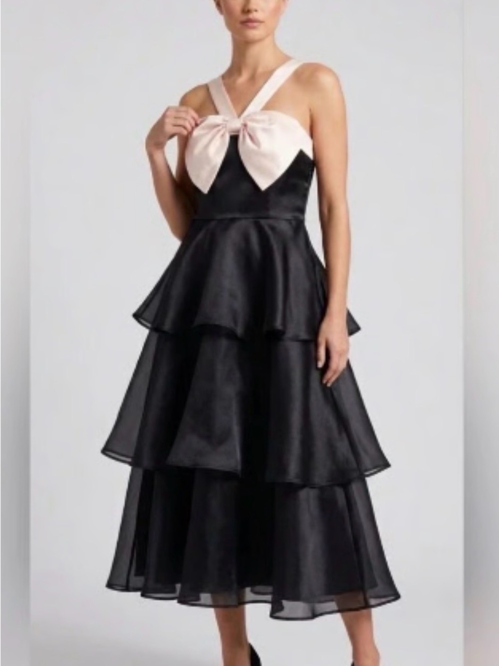 Lulu's Black Tiered Midi Dress with Blush Bow Bodice